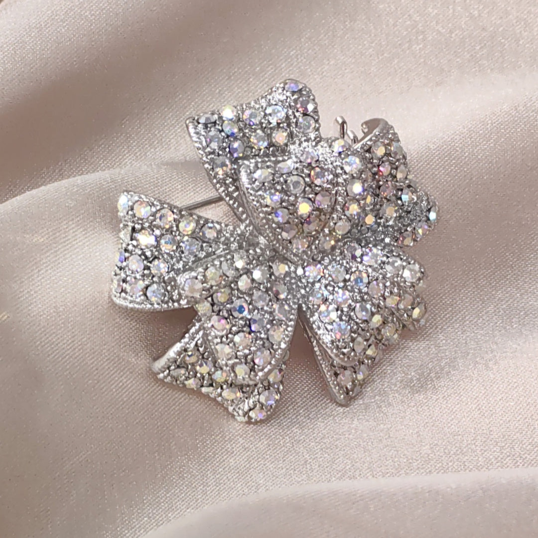 SO SEOUL Graceful Ribbon Bow 3D Layered Oversized Aurore Boreale Crystal Rollover Clasp Brooch