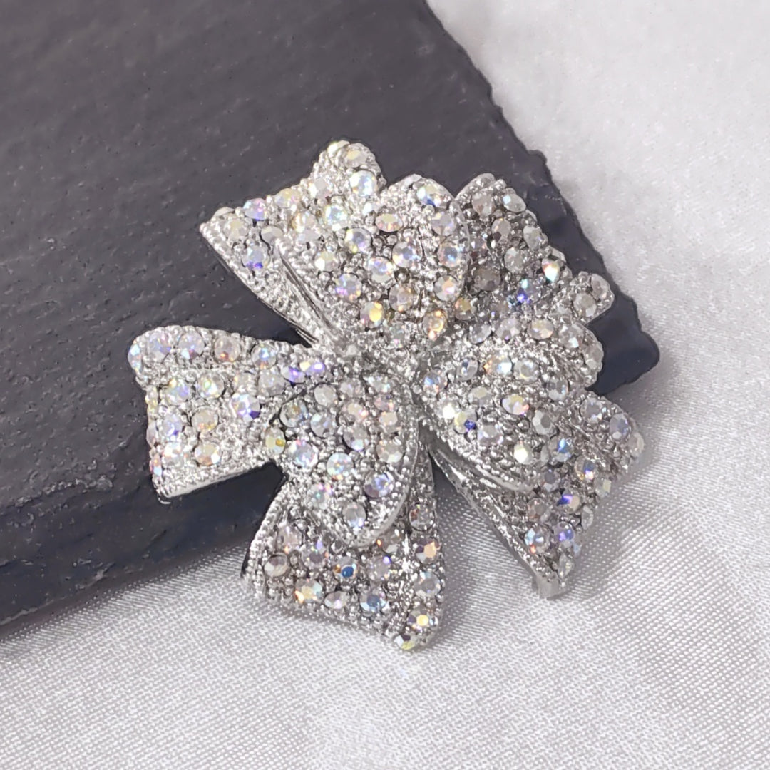 SO SEOUL Graceful Ribbon Bow 3D Layered Oversized Aurore Boreale Crystal Rollover Clasp Brooch