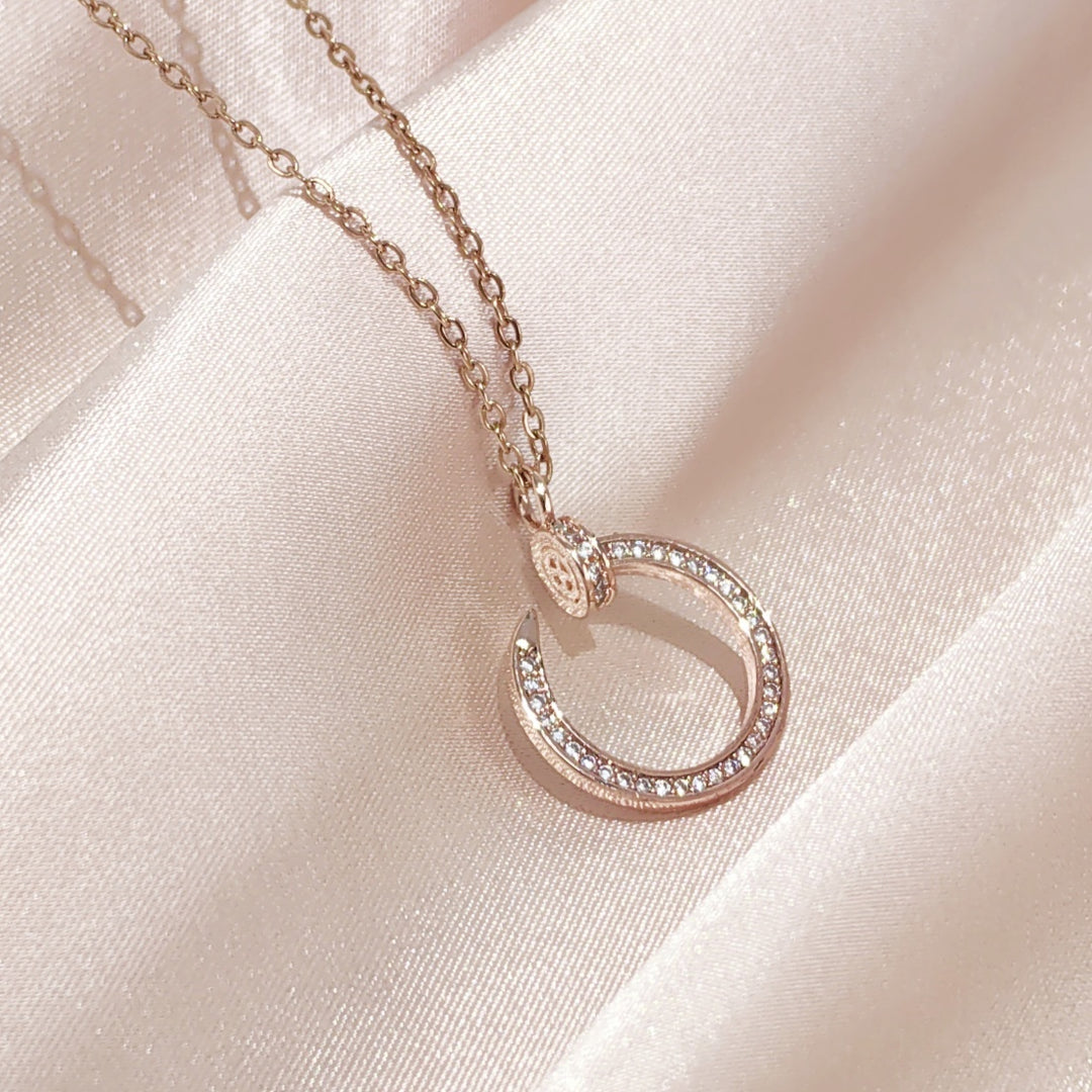 SO SEOUL Nail It Encrusted Pavé Diamond Simulant Zirconia Rose Gold Pendant Chain Necklace