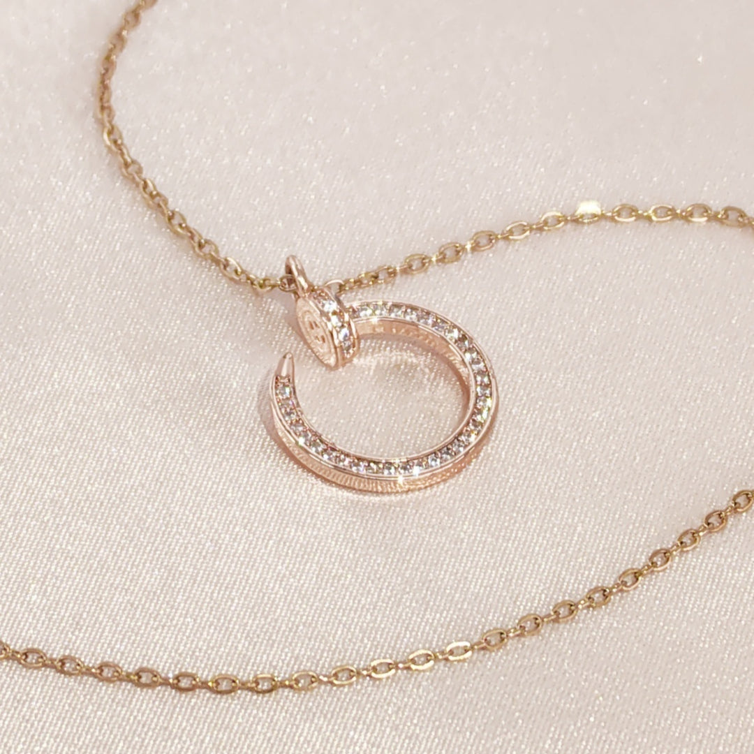 SO SEOUL Nail It Encrusted Pavé Diamond Simulant Zirconia Rose Gold Pendant Chain Necklace