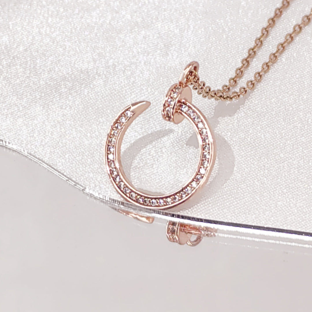 SO SEOUL Nail It Encrusted Pavé Diamond Simulant Zirconia Rose Gold Pendant Chain Necklace