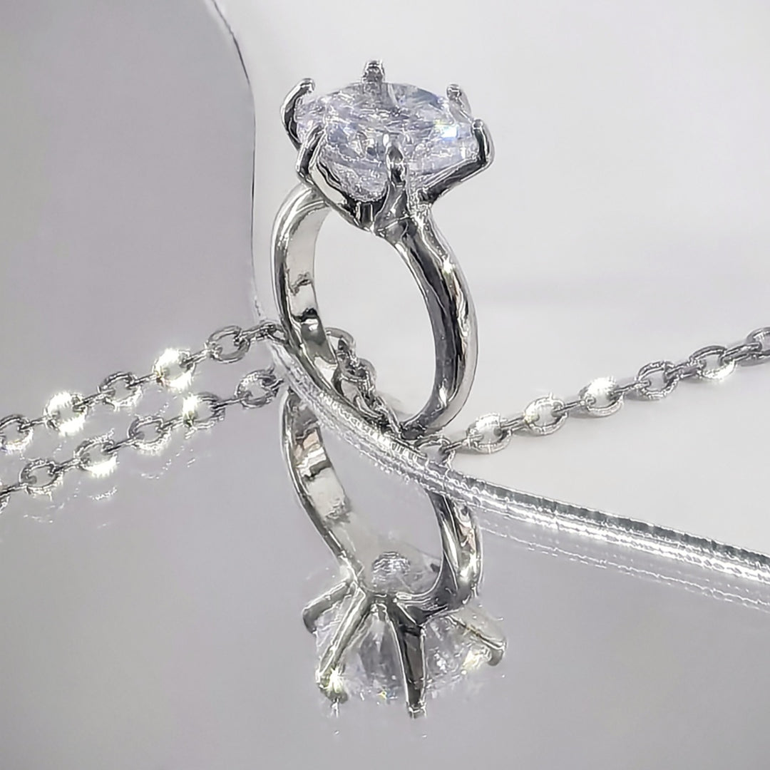 SO SEOUL Athena Solitaire Ring Charm Diamond Simulant Zirconia Fixed Chain Necklace