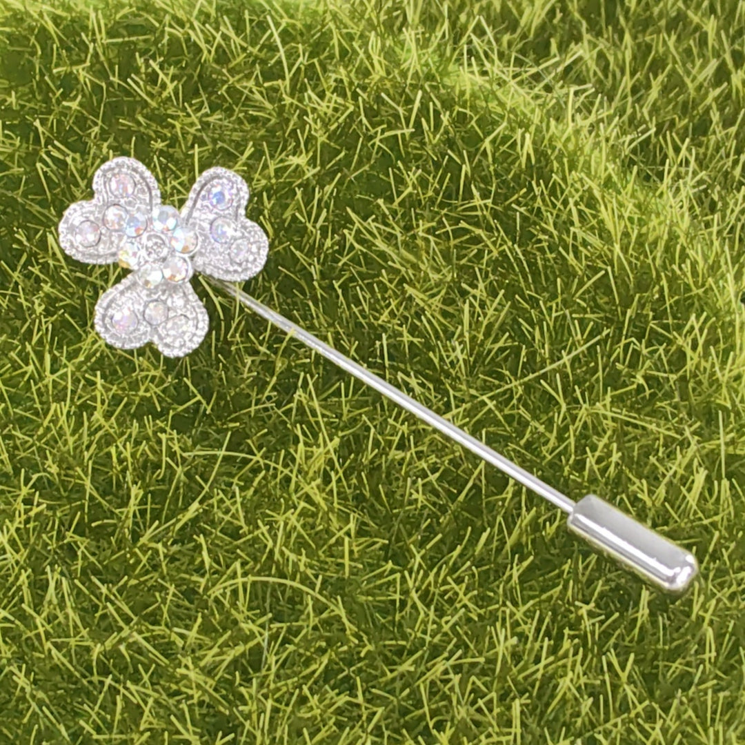 SO SEOUL Alette Three-Leaf Heart Clover Aurore Boreale Austrian Crystal Metal Lapel Pin Brooch