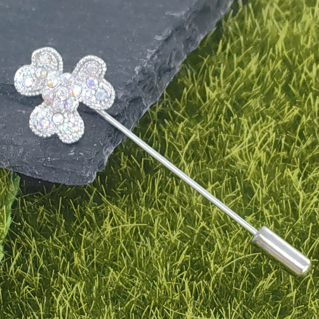 SO SEOUL Alette Three-Leaf Heart Clover Aurore Boreale Austrian Crystal Metal Lapel Pin Brooch