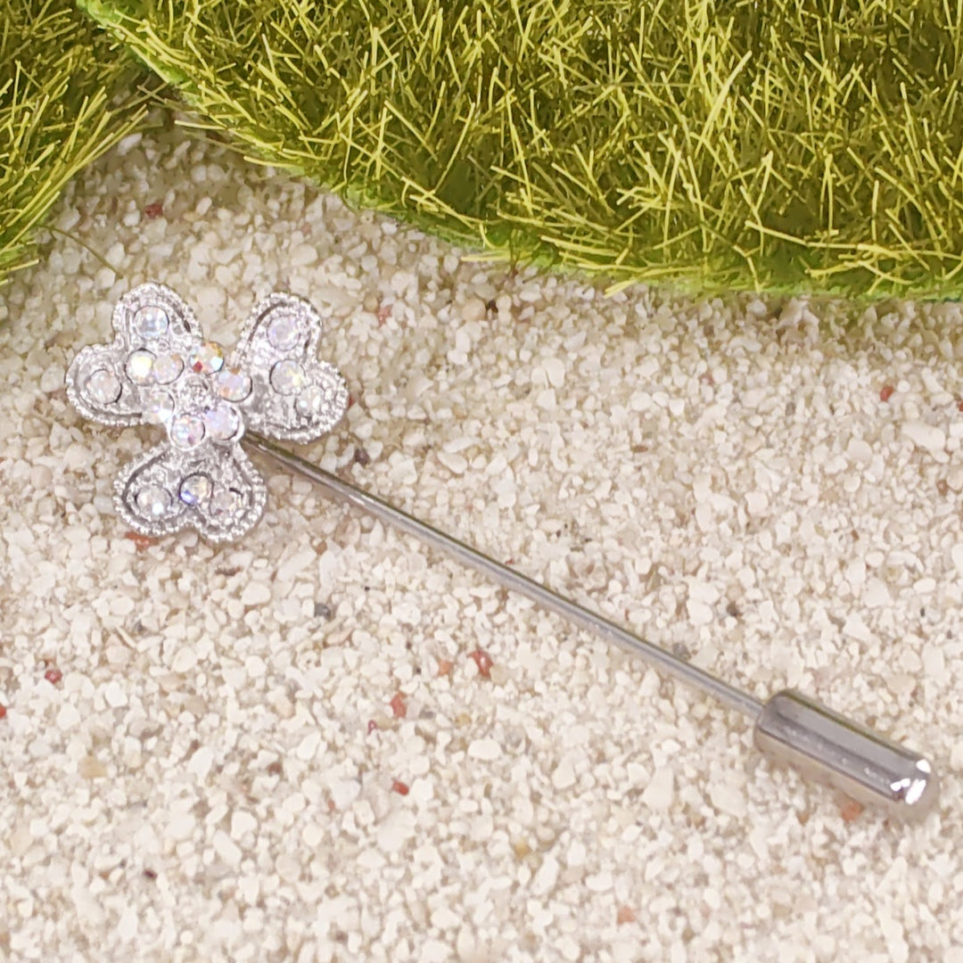 SO SEOUL Alette Three-Leaf Heart Clover Aurore Boreale Austrian Crystal Metal Lapel Pin Brooch