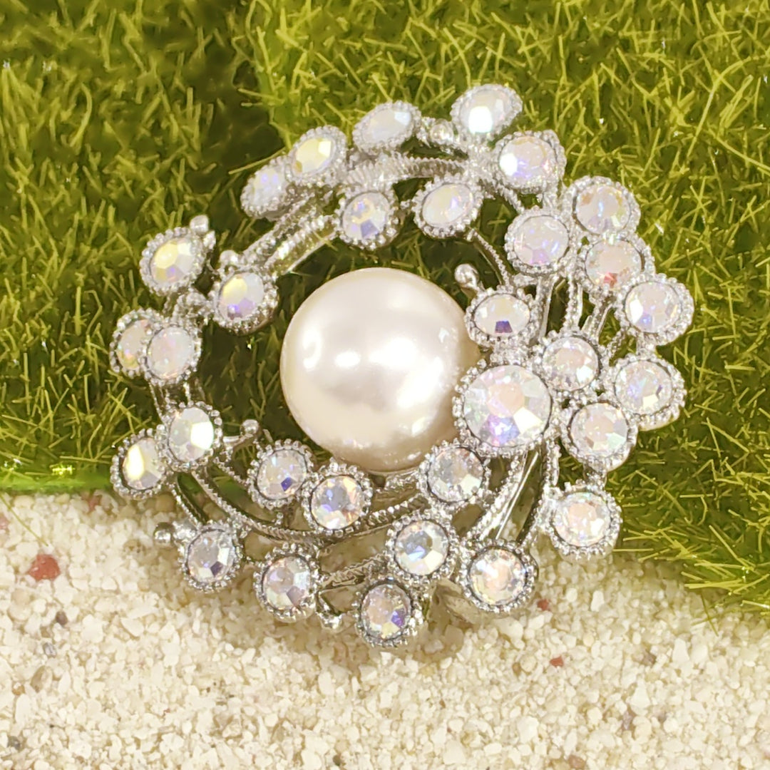 SO SEOUL Leilani Oversized Pearl in the Nest Aurore Boreale Austrian Crystal Rollover Clasp Brooch