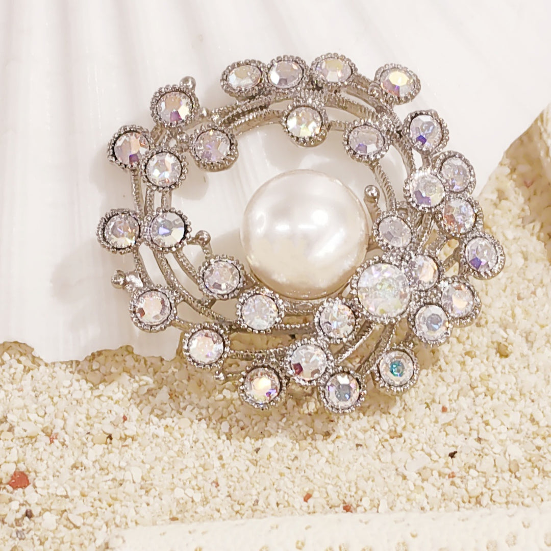 SO SEOUL Leilani Oversized Pearl in the Nest Aurore Boreale Austrian Crystal Rollover Clasp Brooch