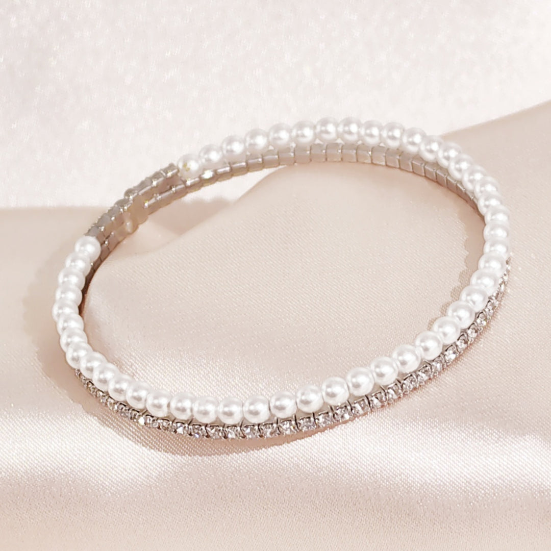 SO SEOUL Chiara Classic Double Row Pearl Austrian Crystal Adjustable Open-End Bangle
