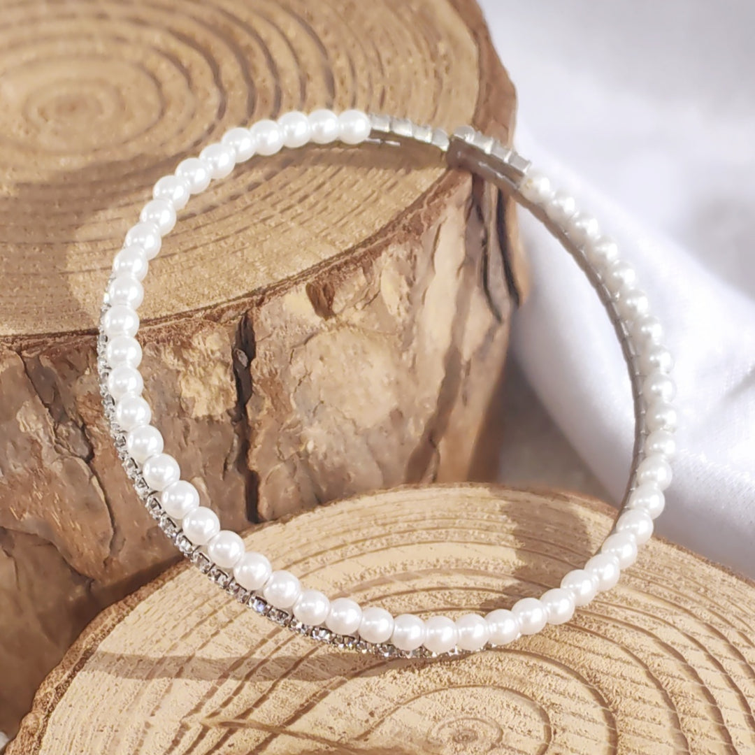 SO SEOUL Chiara Classic Double Row Pearl Austrian Crystal Adjustable Open-End Bangle