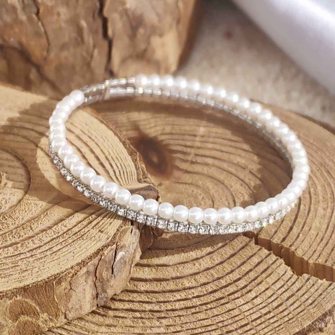SO SEOUL Chiara Classic Double Row Pearl Austrian Crystal Adjustable Open-End Bangle