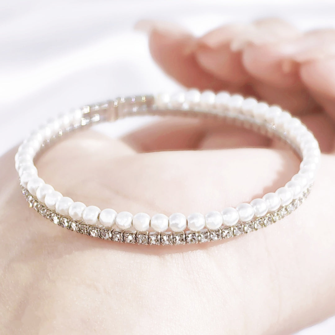 SO SEOUL Chiara Classic Double Row Pearl Austrian Crystal Adjustable Open-End Bangle