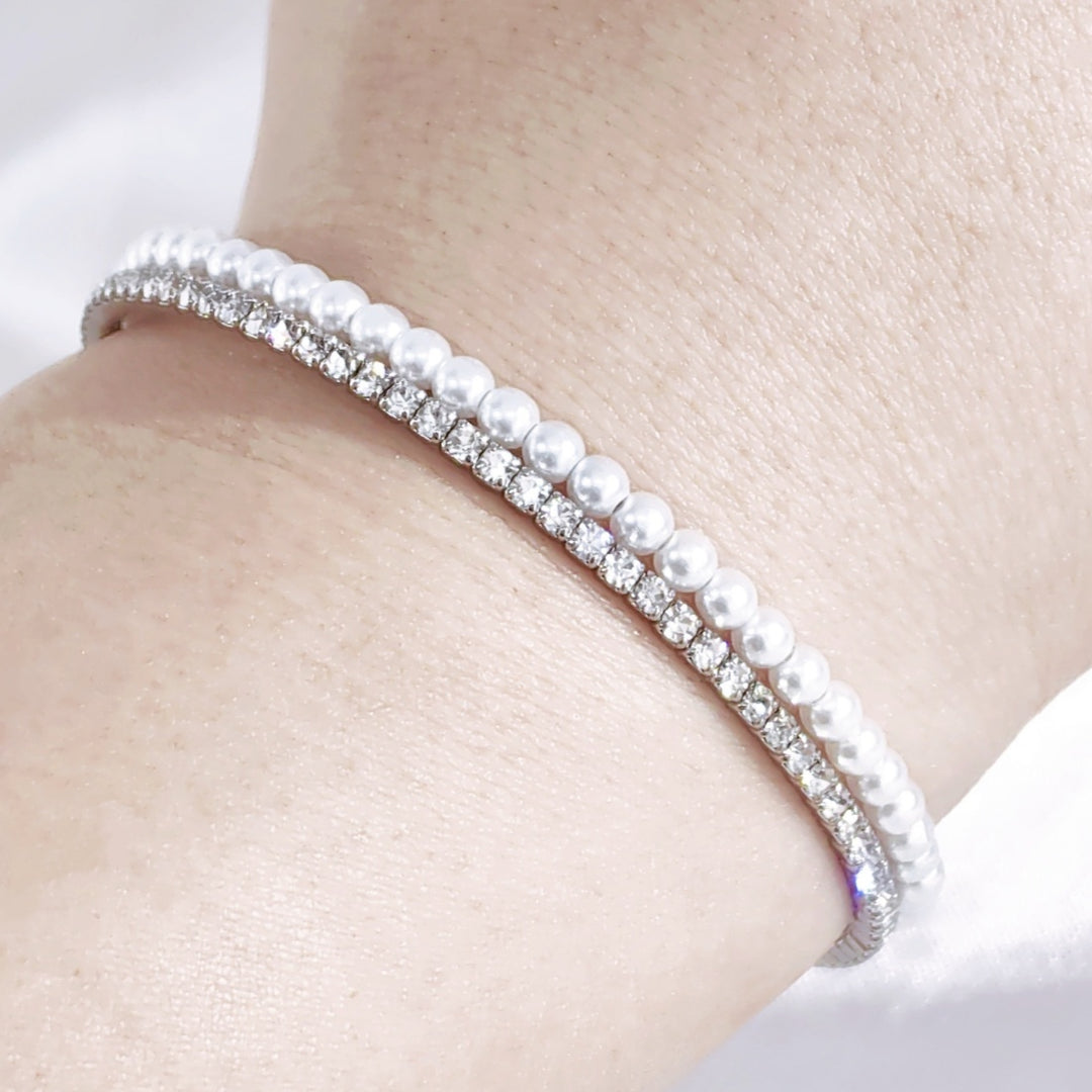 SO SEOUL Chiara Classic Double Row Pearl Austrian Crystal Adjustable Open-End Bangle