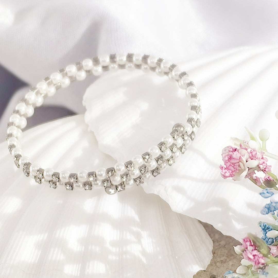 SO SEOUL Quinn Pearl in White Double Row Austrian Crystal Circle Spiral Adjustable Open-End Bangle