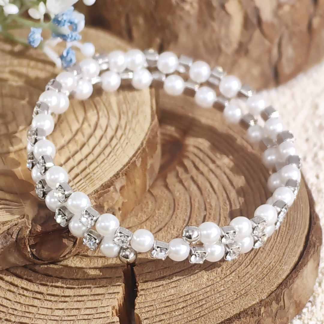 SO SEOUL Quinn Pearl in White Classic Double Row Austrian Crystal Spiral Adjustable Open-End Bangle