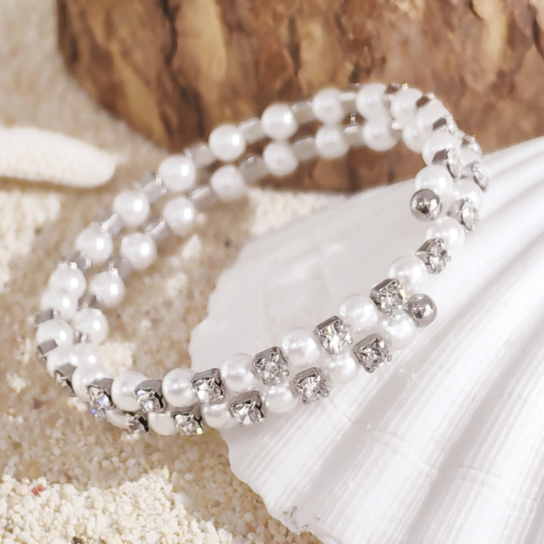SO SEOUL Quinn Pearl in White Classic Double Row Austrian Crystal Spiral Adjustable Open-End Bangle