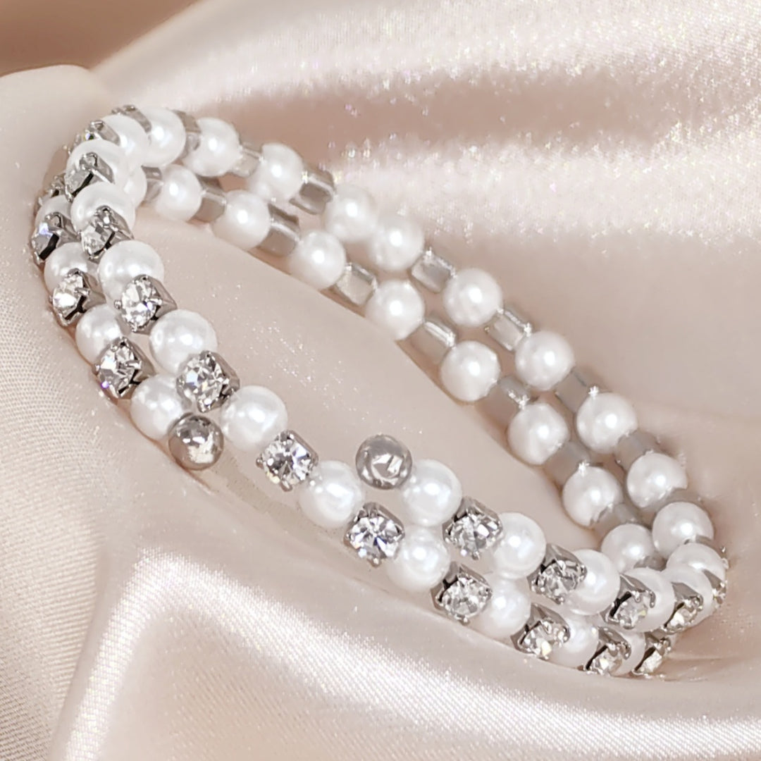 SO SEOUL Quinn Pearl in White Classic Double Row Austrian Crystal Spiral Adjustable Open-End Bangle