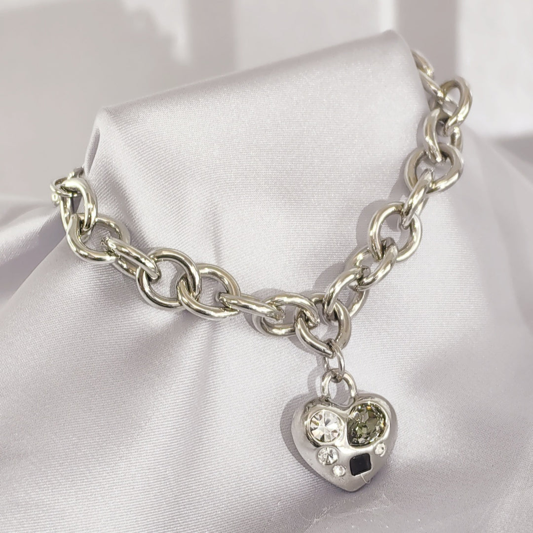 SO SEOUL Amora Love Heart Charm Bracelet with Mixed Colour Austrian Crystal on Interlocking T-Bar Link Design