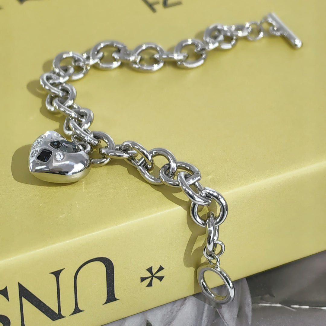 SO SEOUL Amora Love Heart Charm Bracelet with Mixed Colour Austrian Crystal on Interlocking T-Bar Link Design