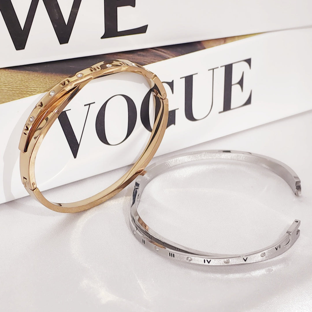 SO SEOUL Roman Numeral Intertwine Encrusted Diamond Simulant Rhodium/Rose Gold Side Hinged Bangle