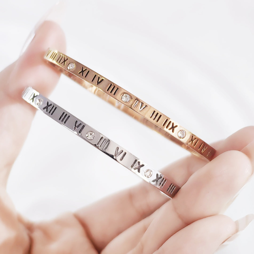 SO SEOUL Roman Numeral Encrusted Diamond Simulant Cubic Zirconia Silver/Rose Gold Side Hinged Bangle