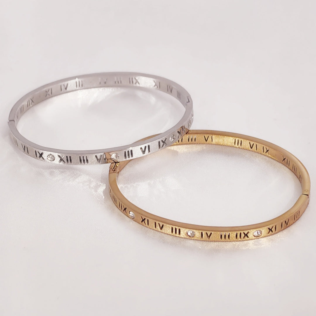 SO SEOUL Roman Numeral Encrusted Diamond Simulant Cubic Zirconia Silver/Rose Gold Side Hinged Bangle