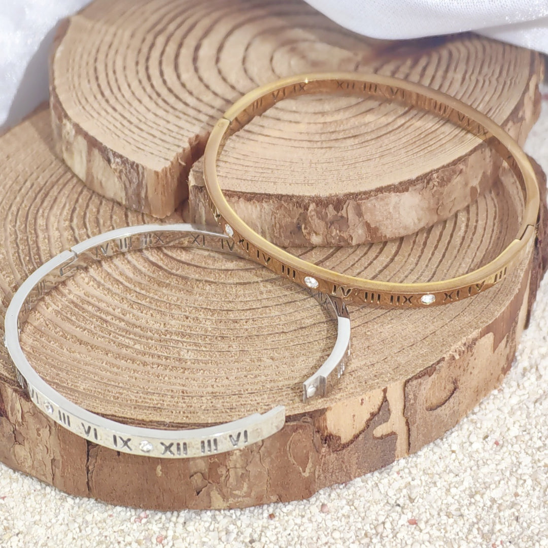 SO SEOUL Roman Numeral Encrusted Diamond Simulant Cubic Zirconia Silver/Rose Gold Side Hinged Bangle