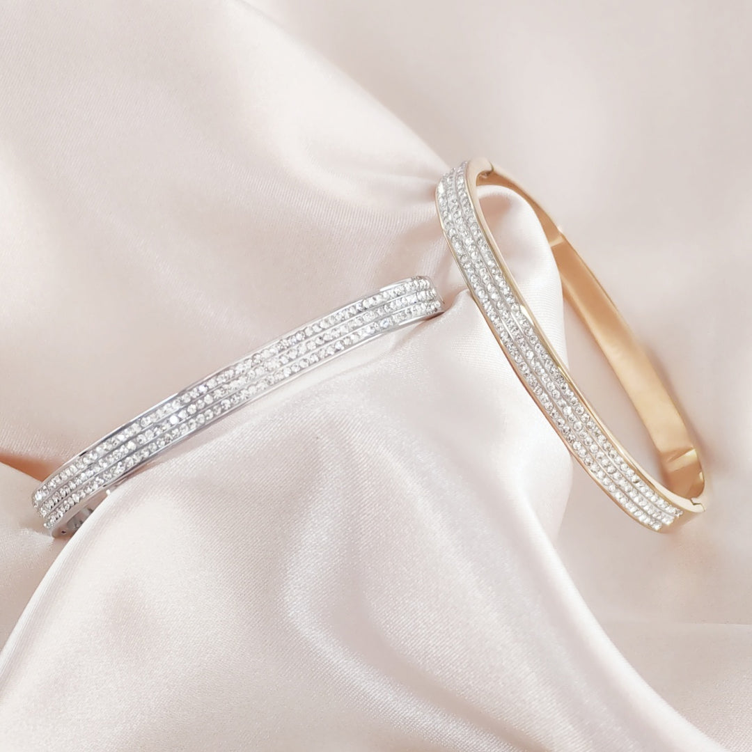 SO SEOUL Chentel Classic Triple Row Insets Austrian Crystal Rhodium/Rose Gold Side Hinged Bangle