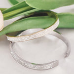 Load image into Gallery viewer, SO SEOUL Chentel Classic Triple Row Insets Austrian Crystal Rhodium/Rose Gold Side Hinged Bangle
