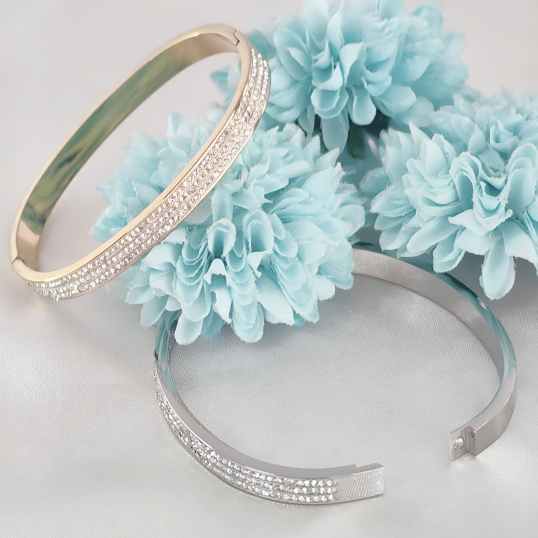 SO SEOUL Chentel Classic Triple Row Insets Austrian Crystal Rhodium/Rose Gold Side Hinged Bangle