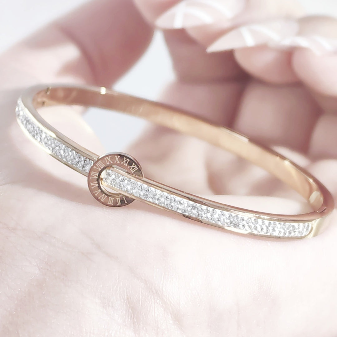 SO SEOUL Olivia Orbit Round Circle Double Row Insets Austrian Crystal Rose Gold Side Hinged Bangle