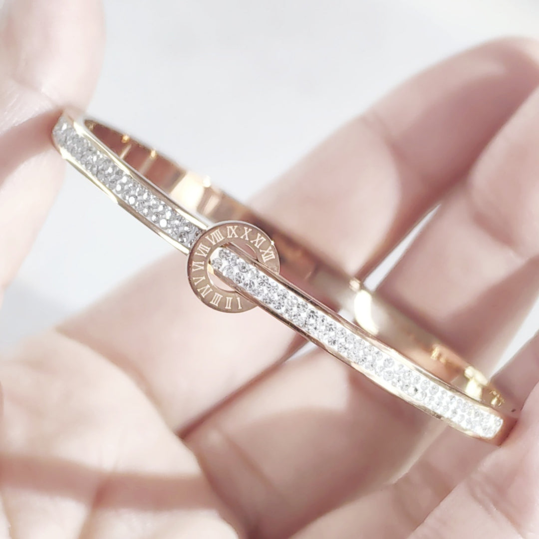 SO SEOUL Olivia Orbit Round Circle Double Row Insets Austrian Crystal Rose Gold Side Hinged Bangle
