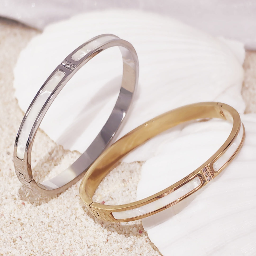 SO SEOUL Claire Mother of Pearl Encrusted with Austrian Crystal Rhodium/Rose Gold Side Hinged Bangle