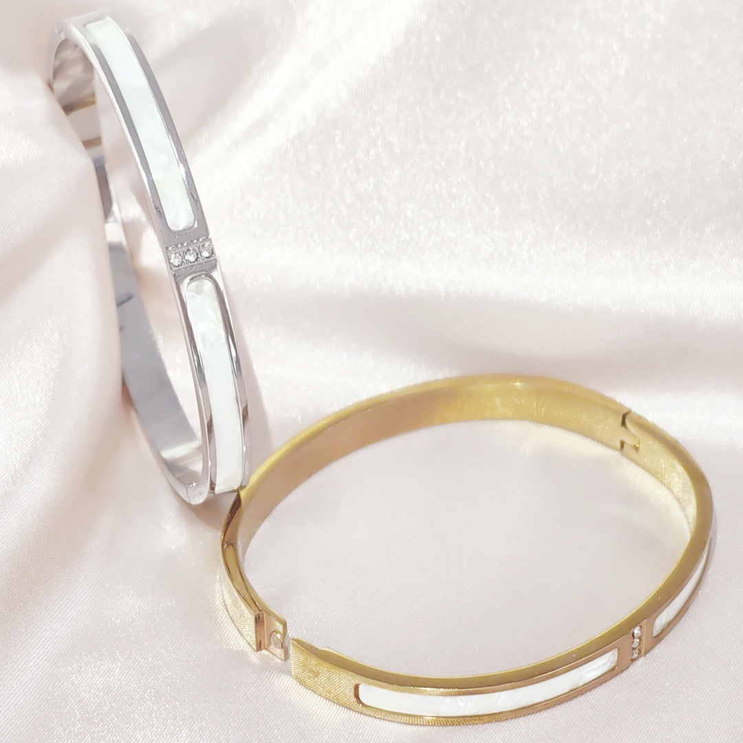 SO SEOUL Claire Mother of Pearl Encrusted with Austrian Crystal Rhodium/Rose Gold Side Hinged Bangle