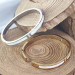 Load image into Gallery viewer, SO SEOUL Claire Mother of Pearl Encrusted with Austrian Crystal Rhodium/Rose Gold Side Hinged Bangle
