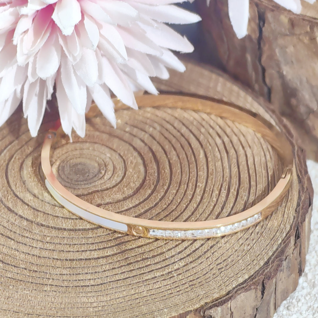 SO SEOUL Claire Mother of Pearl Half Encrusted Emerald Austrian Crystal Rose Gold Side Hinged Bangle