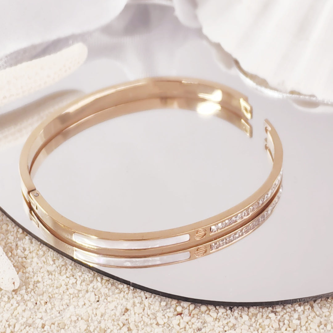 SO SEOUL Claire Mother of Pearl Half Encrusted Emerald Austrian Crystal Rose Gold Side Hinged Bangle