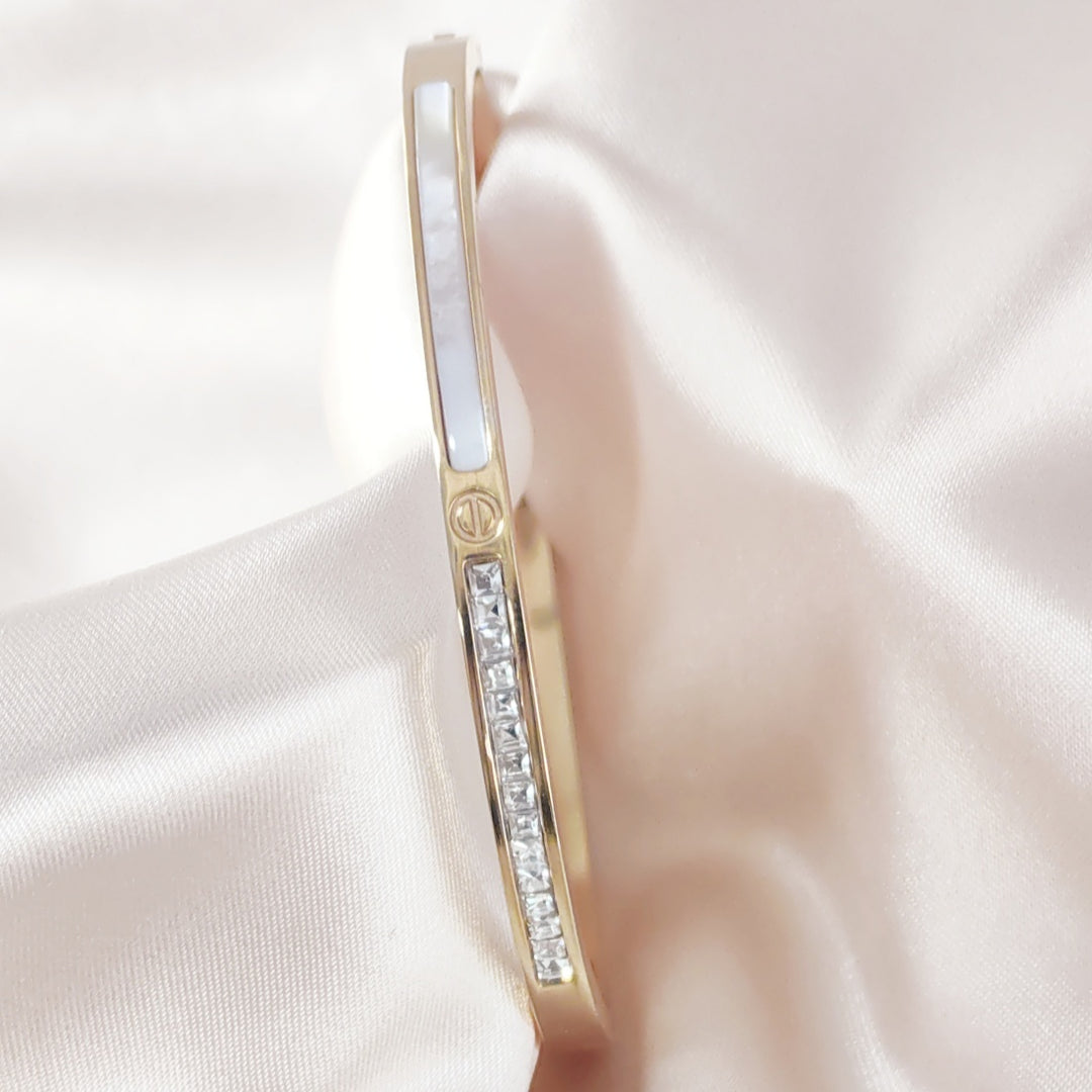 SO SEOUL Claire Mother of Pearl Half Encrusted Emerald Austrian Crystal Rose Gold Side Hinged Bangle