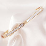 Load image into Gallery viewer, SO SEOUL Claire Mother of Pearl Half Encrusted Emerald Austrian Crystal Rose Gold Side Hinged Bangle
