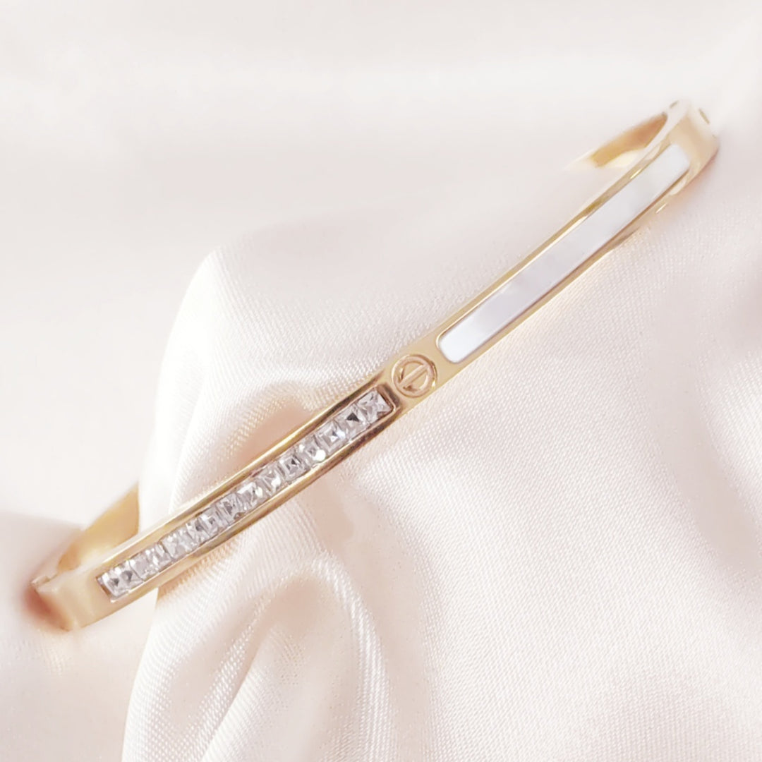 SO SEOUL Claire Mother of Pearl Half Encrusted Emerald Austrian Crystal Rose Gold Side Hinged Bangle