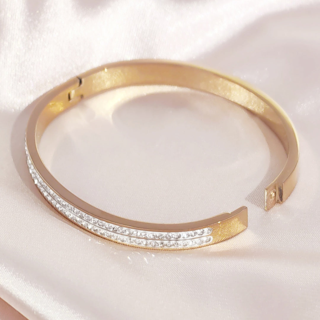 SO SEOUL Chentel Classic Double Row Insets White Austrian Crystal Rose Gold Side Hinged Bangle