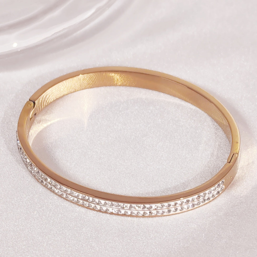 SO SEOUL Chentel Classic Double Row Insets White Austrian Crystal Rose Gold Side Hinged Bangle