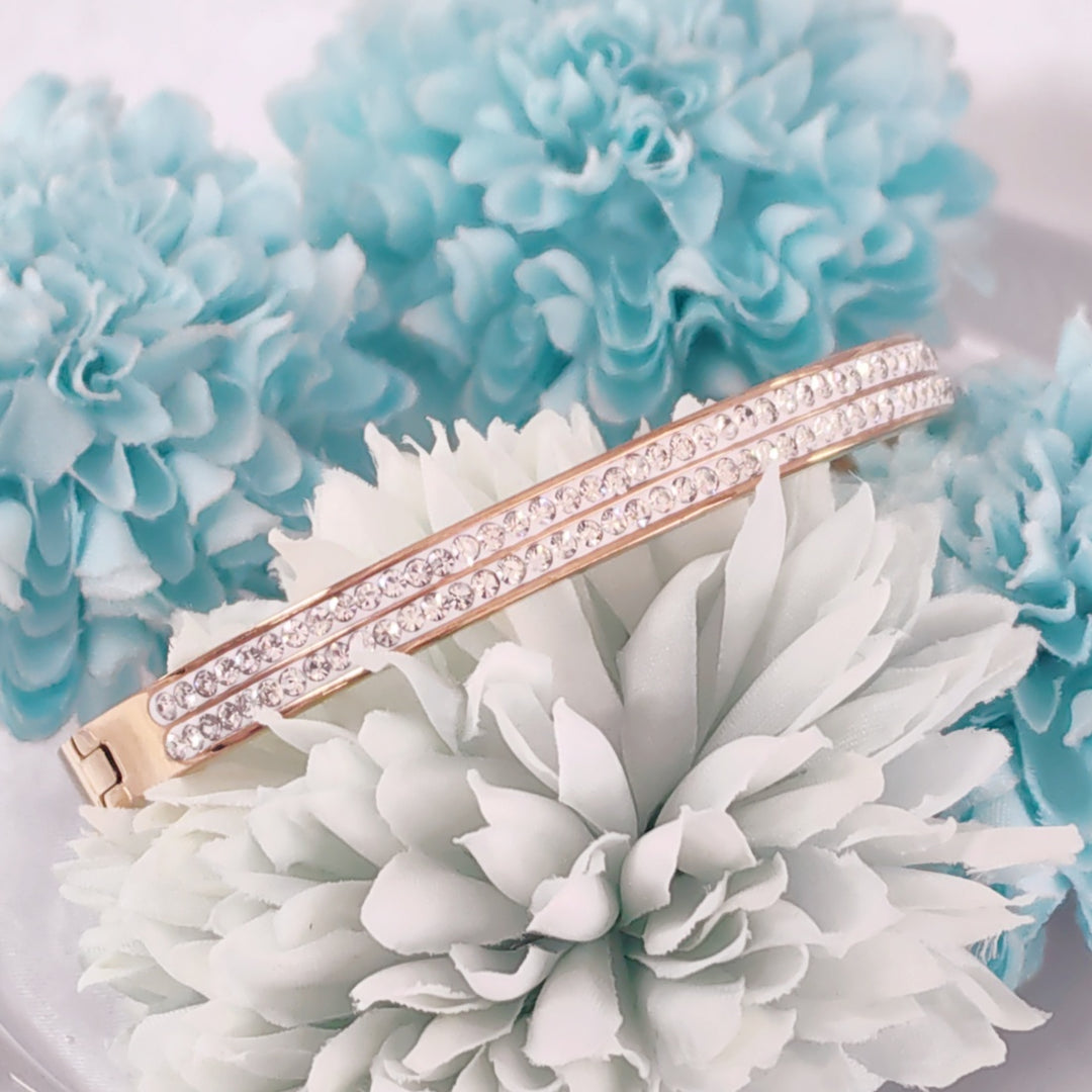 SO SEOUL Chentel Classic Double Row Insets White Austrian Crystal Rose Gold Side Hinged Bangle