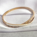 Load image into Gallery viewer, SO SEOUL Roman Numeral Intertwine Double Row Insets Austrian Crystal Rose Gold Side Hinged Bangle
