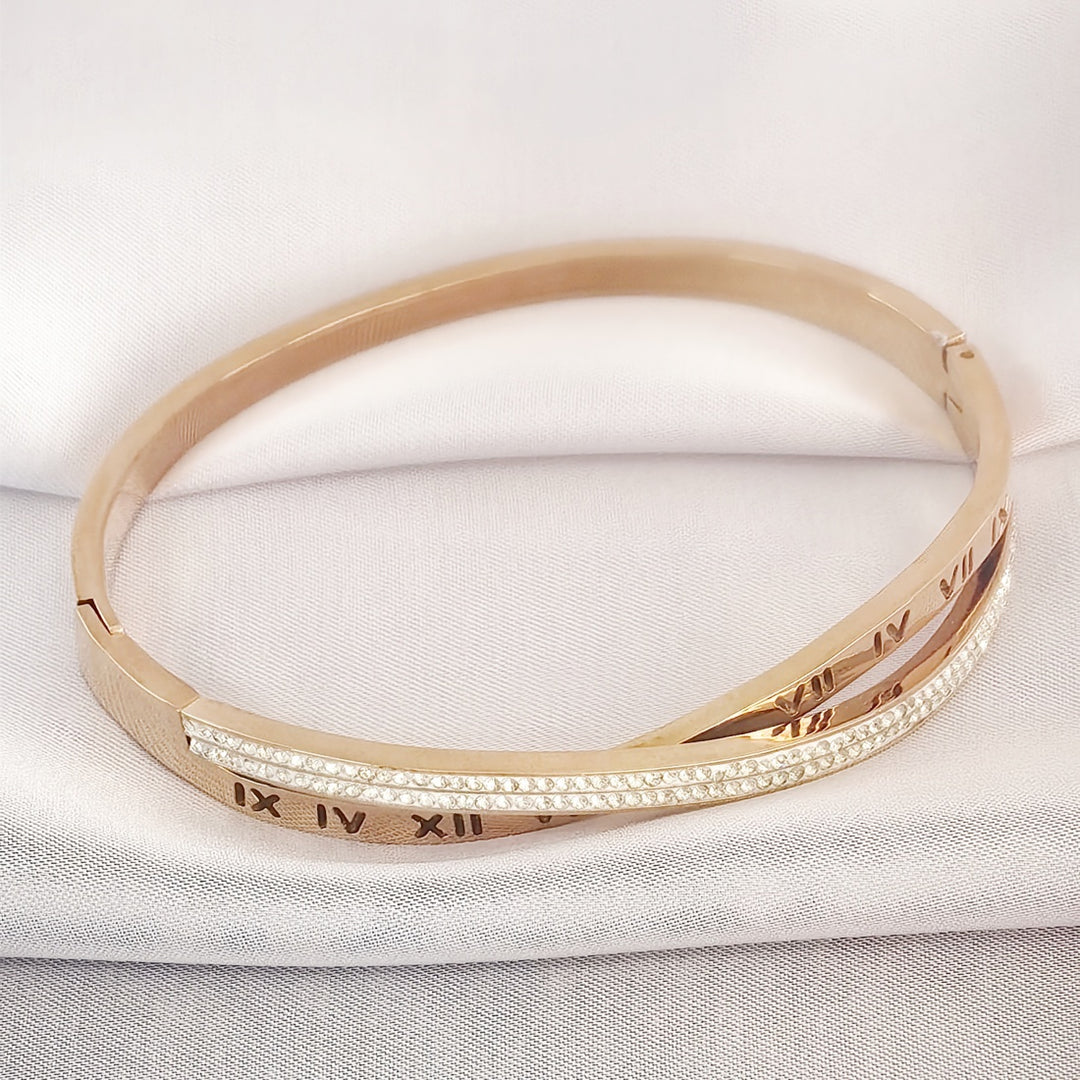 SO SEOUL Roman Numeral Intertwine Double Row Insets Austrian Crystal Rose Gold Side Hinged Bangle