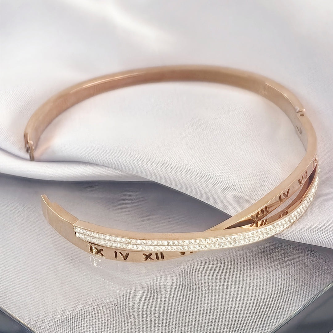 SO SEOUL Roman Numeral Intertwine Double Row Insets Austrian Crystal Rose Gold Side Hinged Bangle
