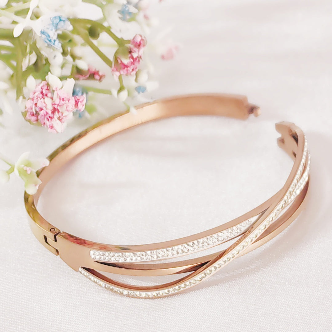 SO SEOUL Harper Twist Intertwined Insets White Austrian Crystal Rose Gold Side Hinged Bangle
