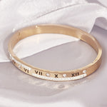 Load image into Gallery viewer, SO SEOUL Valeria Roman Numeral Zig Zag Austrian Crystal Rose Gold Side Hinged Bangle
