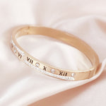 Load image into Gallery viewer, SO SEOUL Valeria Roman Numeral Zig Zag Austrian Crystal Rose Gold Side Hinged Bangle
