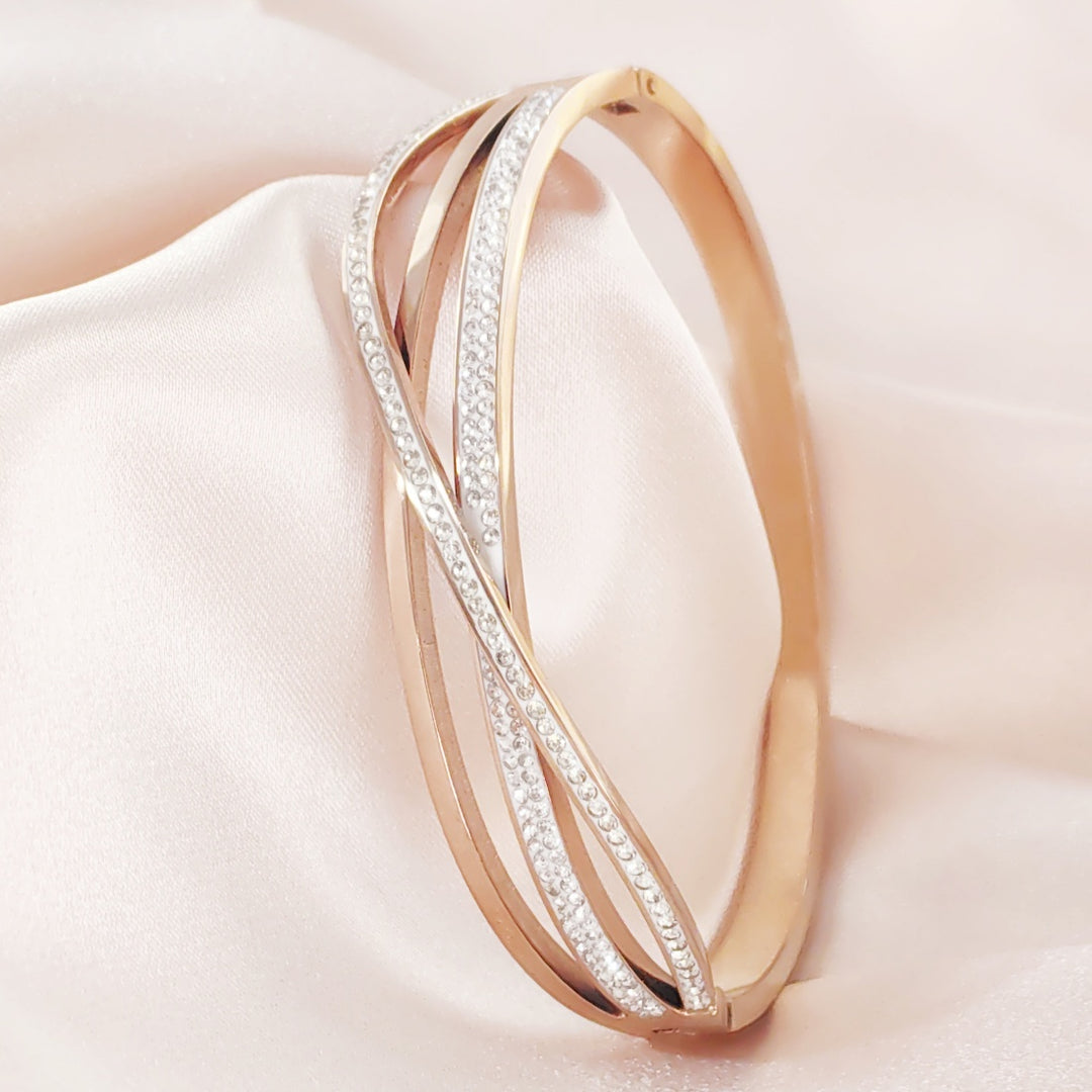 SO SEOUL Harper Twist Intertwined Insets White Austrian Crystal Rose Gold Side Hinged Bangle