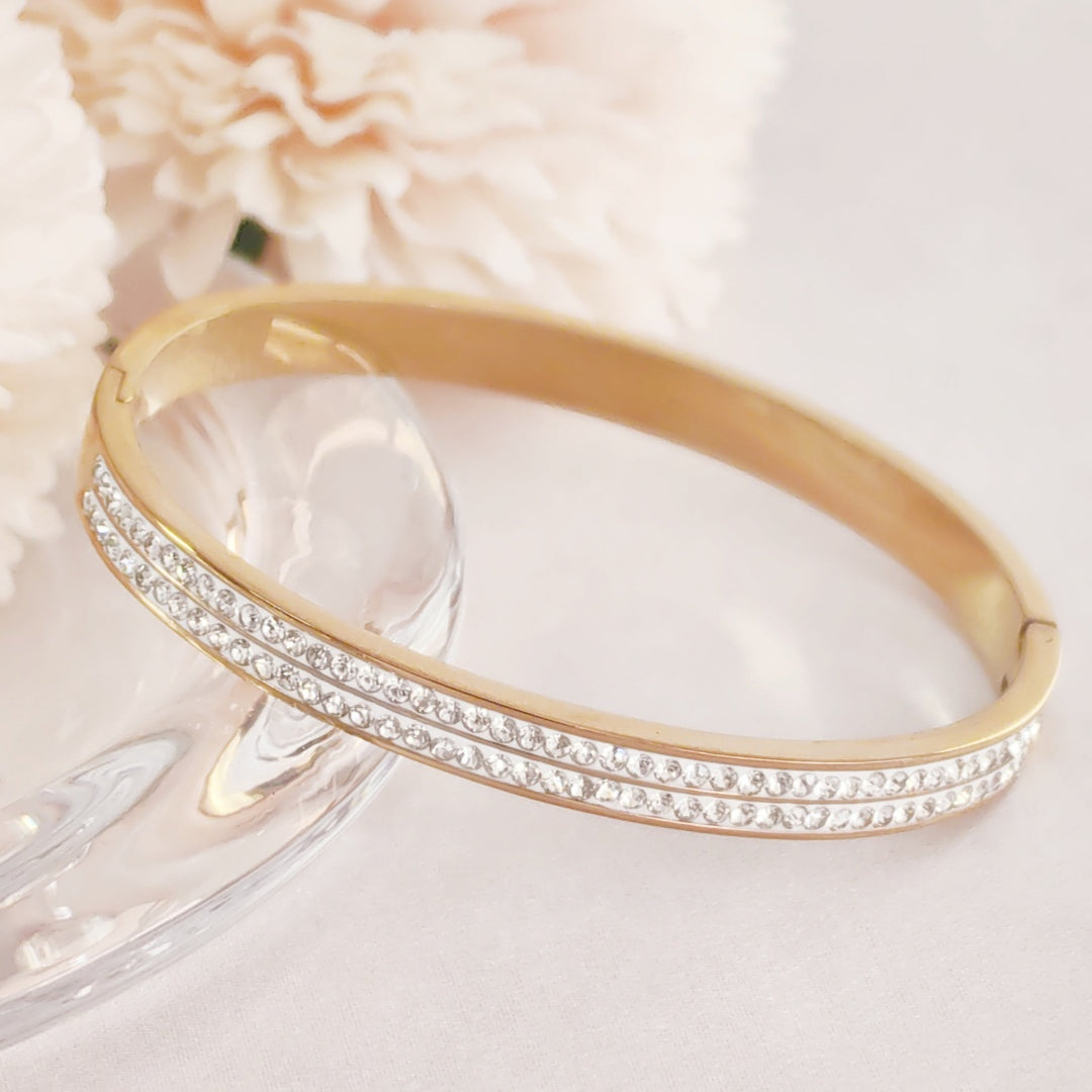 SO SEOUL Chentel Classic Double Row Insets White Austrian Crystal Rose Gold Side Hinged Bangle
